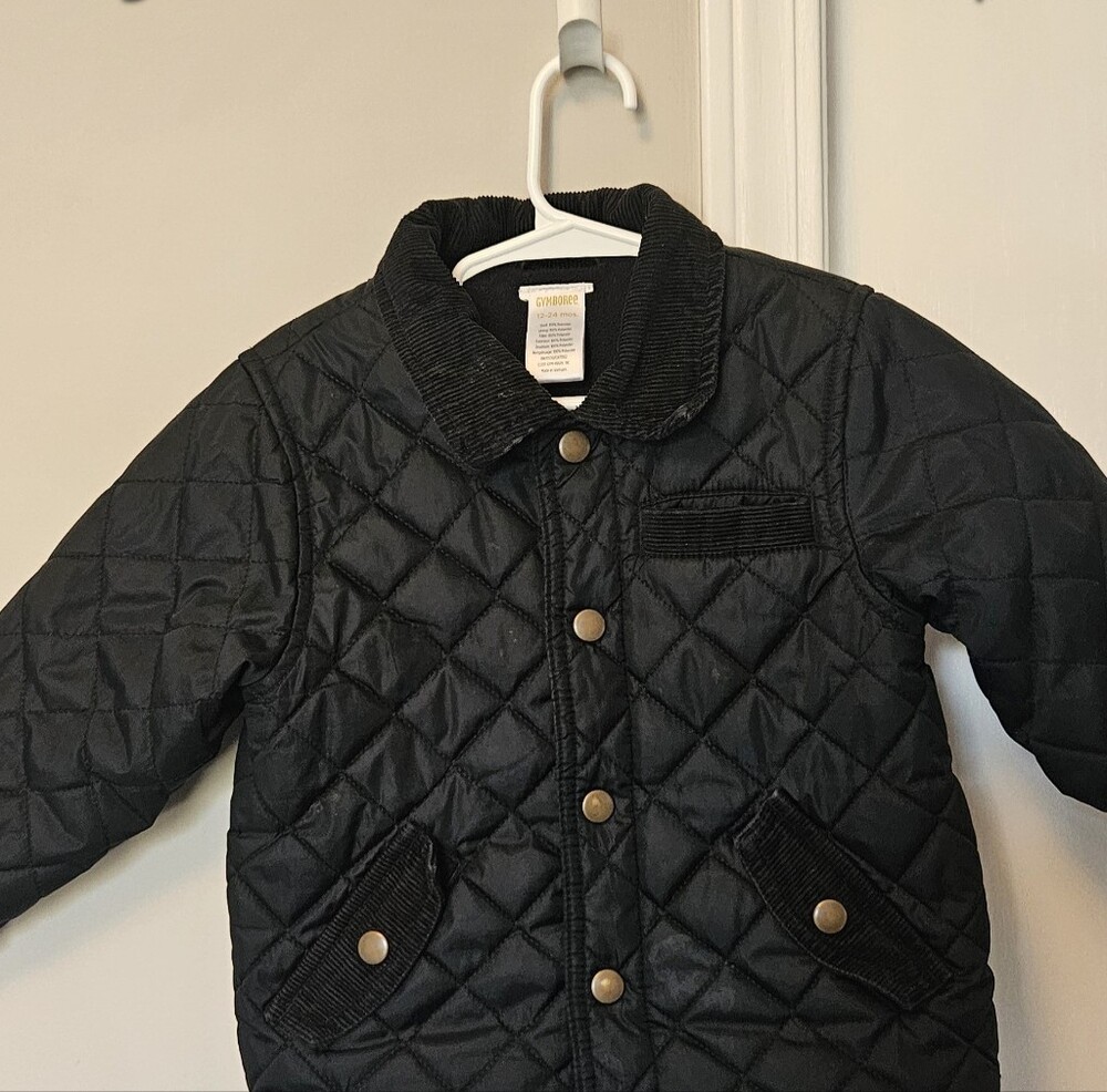 Kids Quilted Black Jacket with Corduroy Trim
